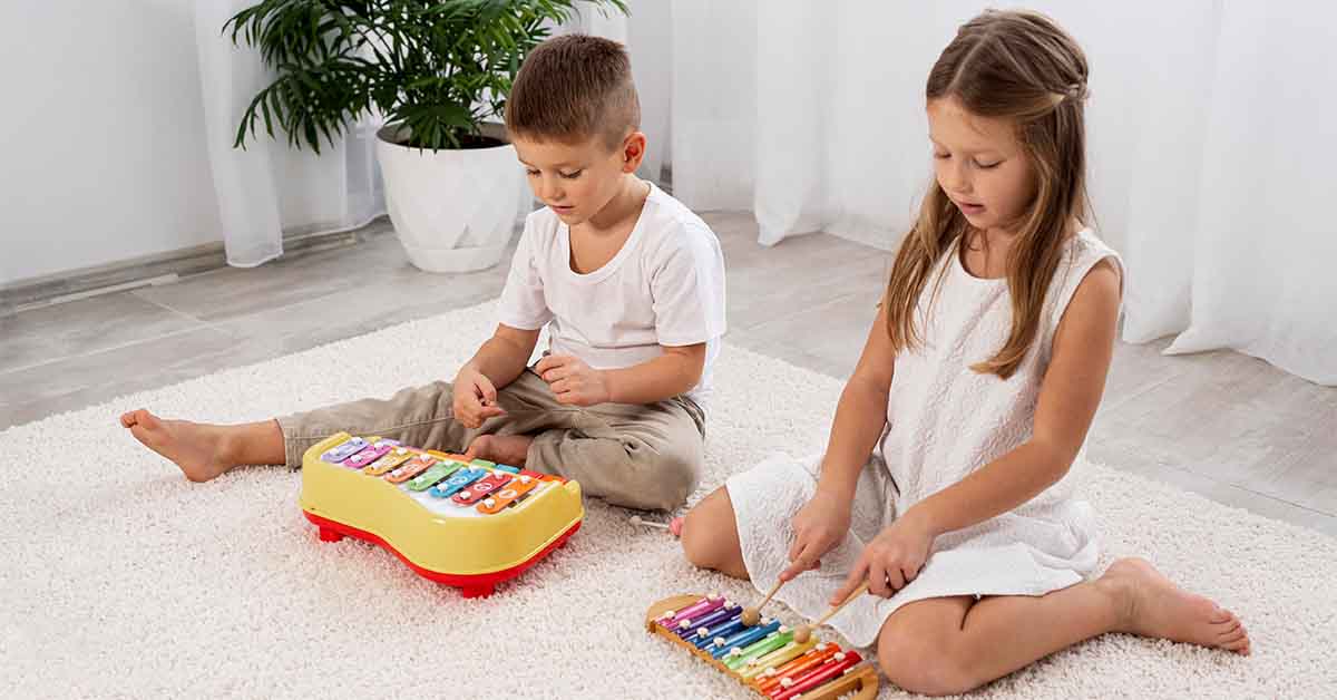 Kids playing with musical toys at home
