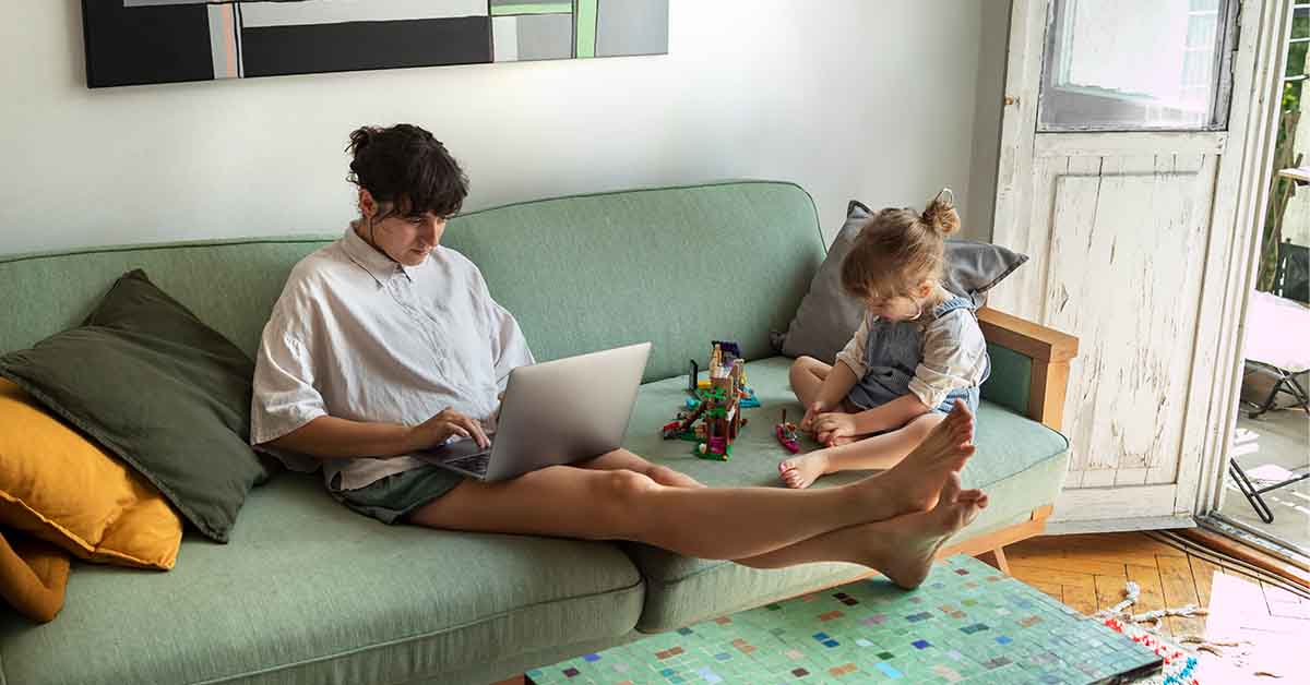 mother and kid on couch