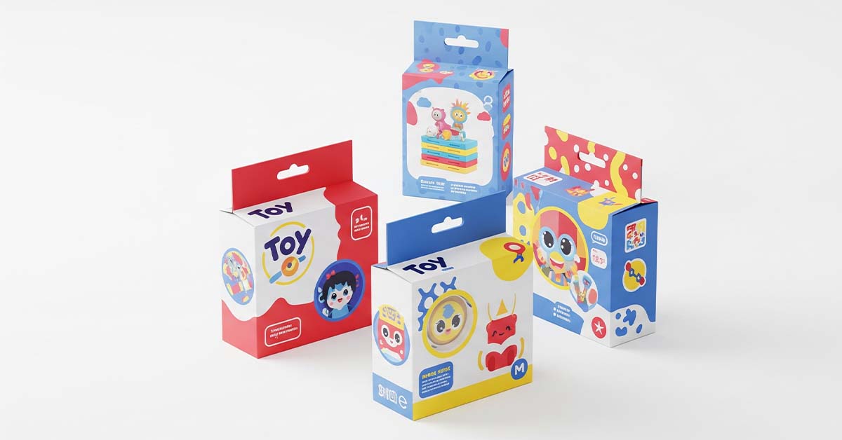 Set of modern toy packaging boxes in vibrant red, blue, and yellow colors with cartoon illustrations, incorporating 'Psychology of Colour' to attract young children