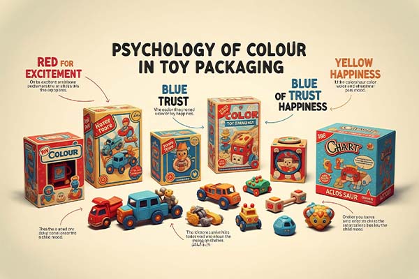 Infographic showing the Psychology of Colour in toy packaging, highlighting how red, blue, and yellow affect trust, excitement, and happiness in children's products