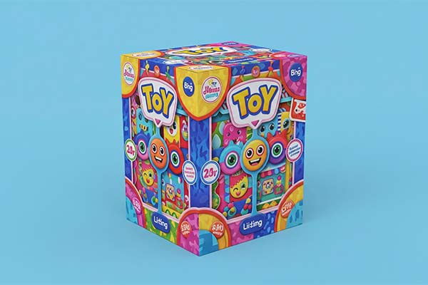 Bright and bold cube-shaped toy packaging with multiple cartoon faces and vivid hues, designed to visually stimulate kids and catch attention on shelves