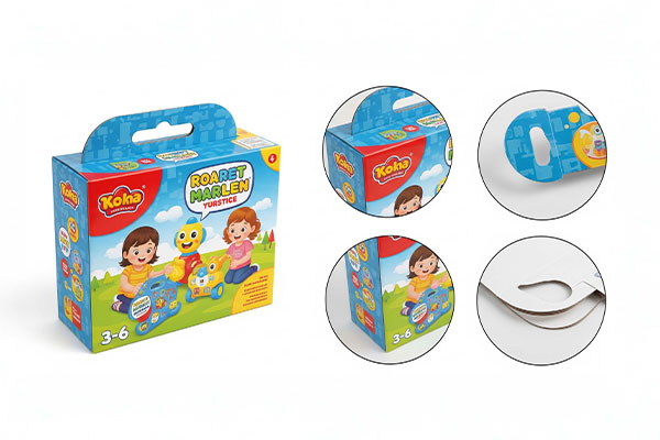 Colorful toy packaging box featuring cheerful cartoon characters, designed for children aged 3–6, with a die-cut handle for easy carrying