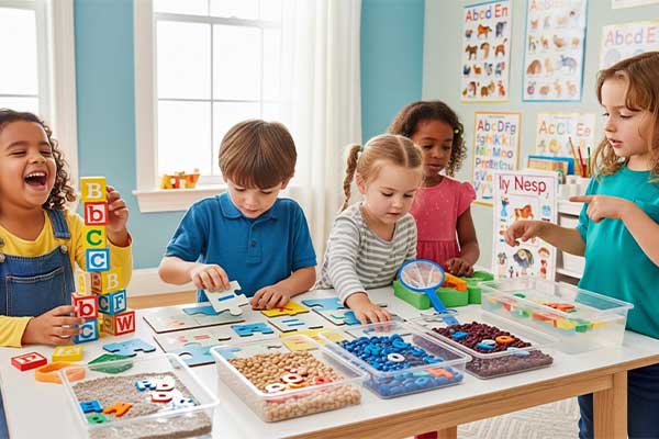 kids playing together with learning toys  