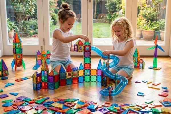 Girl playing with open ended magnetic toys